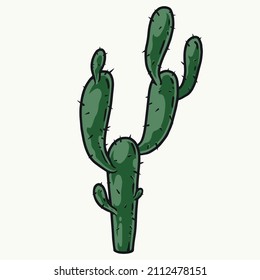 Green spiny cactus with branches in colorful vintage style, isolated vector illustration