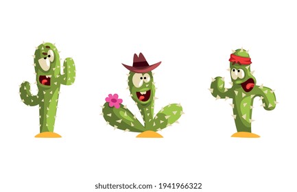 Cactus espinosos verdes con diversas expresiones faciales, divertidos personajes de la planta de emoticonos Ilustración vectorial de dibujos animados