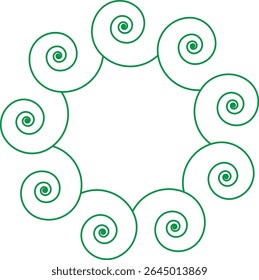 Green spiral design with a circular pattern.