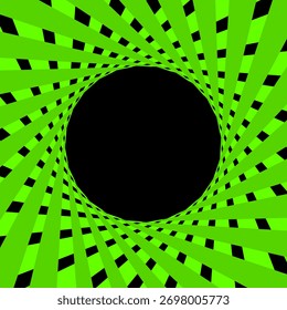Plano de fundo de quadro em espiral verde.  Explosão solar com espaço de cópia em círculo preto no centro.