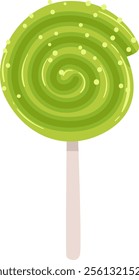 Green spiral lollipop adorned with colorful sprinkles, spinning playfully on a stick against a pristine white background, capturing the essence of sweetness and joyful treats