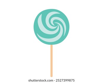 Green Spiral Lollipop on a stick Isolated on White Background. Concept of Sweet Candy, Spiral Design, Confectionery Illustration. Print, Icon, Design Element, candy shop.