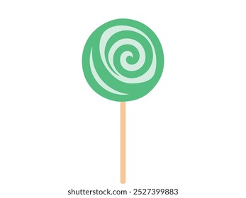 Piruleta espiral verde en un palo aislado sobre fondo blanco. Concepto de dulces, diseño espiral, ilustración de confitería. Imprimir, icono, elemento de diseño.