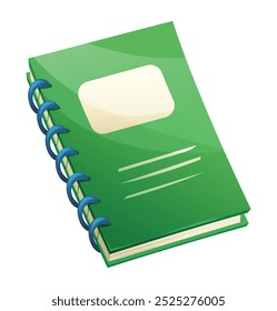 Green spiral notebook with blank label and cover, ideal for taking notes. Vector cartoon illustration