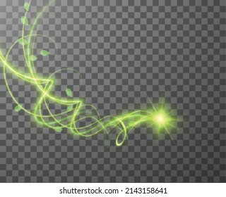 Green spiral spring wind effect with green star and leaves particleson checkered background. Concept of fresh, growth, spring, summer. Vector eps10. Vector eps10