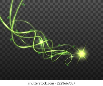 Green spiral spring wind effect with green star and leaves on transparent background. Green glowing shiny lines effect. Vector illustration