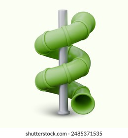 Green spiral water slide. Popular water attraction tube. Big screw pipe