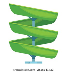 Green spiral water slide standing on a blue platform, isolated on a white background