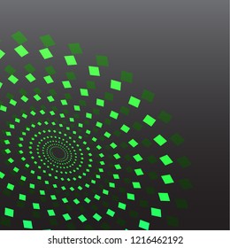 Green spirals of rhombuses on a dark background, expanding radially from the center. Vector design.