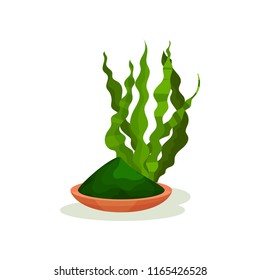 Green spirulina grass and plate with powder. Vegetarian food. Healthy nutrition. Superfood theme. Flat vector design