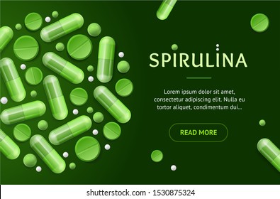 Green Spirulina Pills Concept Banner Horizontal with Realistic Detailed 3d Elements. Vector illustration of Natural Ingredient to Seaweed