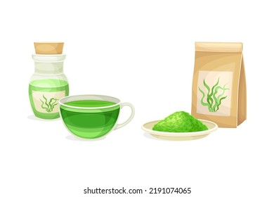 Green Spirulina Powder in Package and Liquid Extract in Corked Jar and Cup as Marine Algae Vector Set