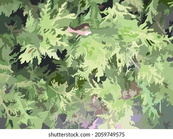 Green splashes for backgrounds and textures. Bright branches of tui closeup for wallpaper and prints, covers, textiles, camouflage, cards, fabric products, etc. Vector illustration