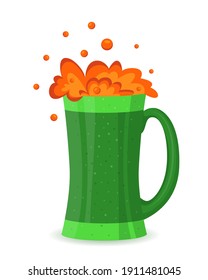 Green splashing beer in flat cartoon style. St Patrick's day  concept. Vector mug with cold beer on white. Drink menu for celebration. For card, poster, banner, flyer