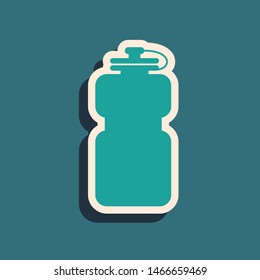 Green Sport bottle with water icon isolated on blue background. Long shadow style. Vector Illustration