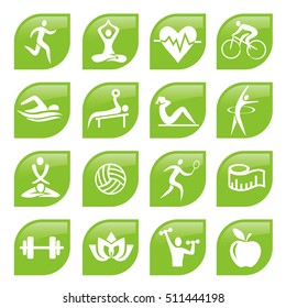 Green sport Fitness icons buttons.
Set of green modern icons fitness and yoga activities. Vector available.