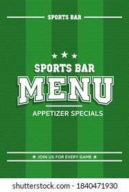 Green sports bar menu. Can be used for soccer and american football style. Retro, grunge, vintage style. Vector illustrator. Template with striped background.