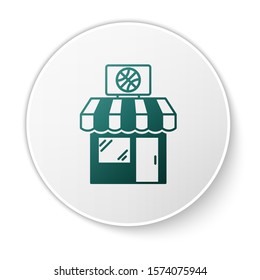 Green Sports shop and basketball ball icon isolated on white background. Sport store. White circle button. Vector Illustration