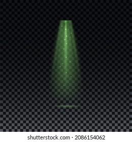 Green spotlight. Green laser beam on transparent background. Laser rays, lighting effect on transparent black background