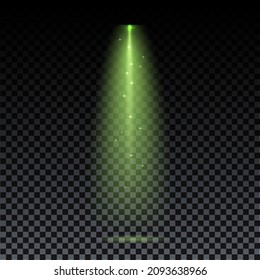 Green spotlight. Green laser beam on transparent background. Laser rays, lighting effect on transparent black background