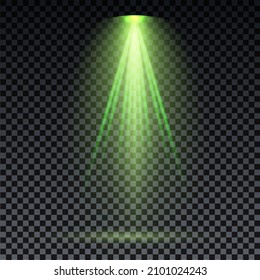 Green spotlight. Green laser beam on transparent background. Laser rays, lighting effect on transparent black background