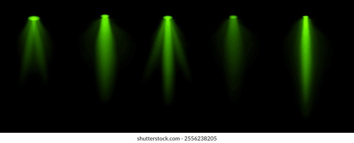 Green spotlight set. Multiple focused beams, ceiling-mounted lighting, bright white glow, stage illumination, modern lighting design, minimalistic decor, professional setup