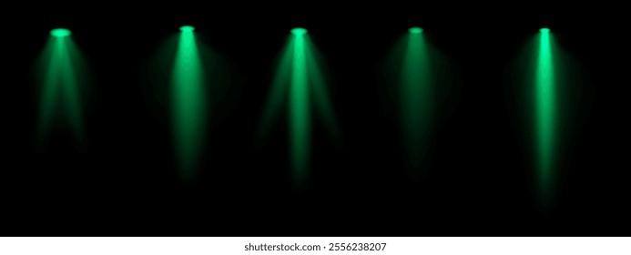 Green spotlight set. Multiple focused beams, ceiling-mounted lighting, bright white glow, stage illumination, modern lighting design, minimalistic decor, professional setup