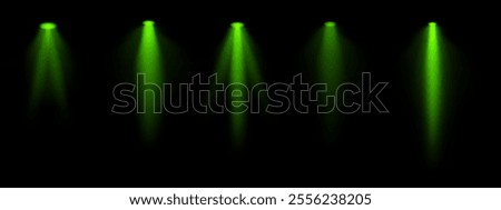 Green spotlight set. Multiple focused beams, ceiling-mounted lighting, bright white glow, stage illumination, modern lighting design, minimalistic decor, professional setup