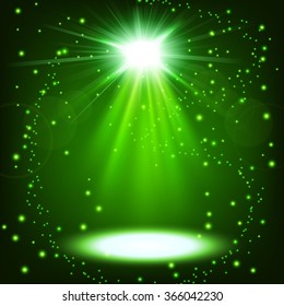 Green spotlight shining with sprinkles floating