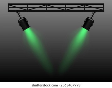 Green Spotlight. Two black stage lights mounted on a truss, casting bright beams, theatrical lighting effect, performance scene, illumination, event setup, focused light projection, wallpaper