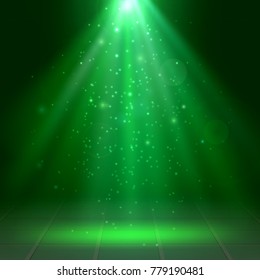 Green spotlights, fog, smoke, Scene, Disco, Light Effects, St. Patrick's Day, Halloween, Vector illustration