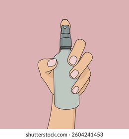 Green spray bottle in hand vector illustration