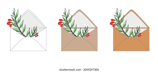 Green sprig of goji berries inside an envelope. On a white background. A set of envelopes of different colors. drawn trendy vector postcards. 