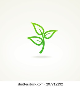 Green sprig with three leafs ecology emblem for logo isolated vector illustration