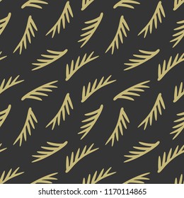 Green sprigs of pine on dark gray background seamless vector pattern. Hand drawing print for wallpaper, wrapping, textile, poster, fabric