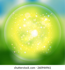 Green Spring Background of Blurred Lights with Bokeh Effect . Vector Illustration .