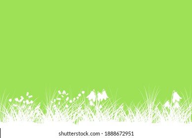 Green spring background with copy space. Summer grass banner with flowers.Template backdrop frame for Easter with place for text. Eco product label. Environmental protection. Stock vector illustration