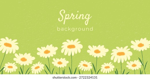 Fondo verde de la primavera con las flores lindas. Ilustración vectorial para Web, carteles, Anuncios, invitaciones, promociones.