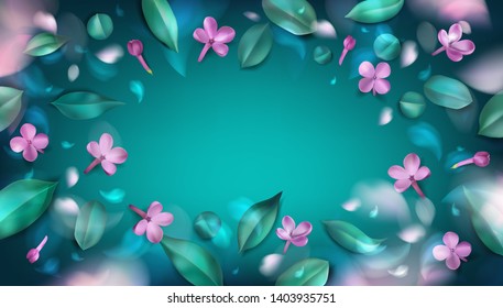 Green spring background with purple blurred flower petals and leaves vector illustration