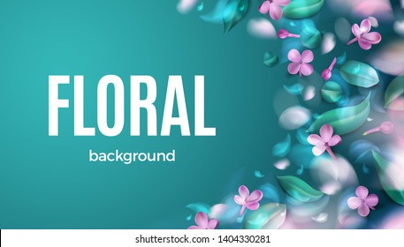 Green spring background with purple blurred flower petals and leaves vector illustration