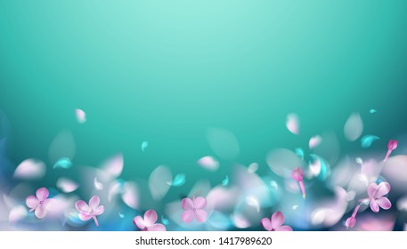 Green spring background with purple blurred flower petals and leaves vector illustration