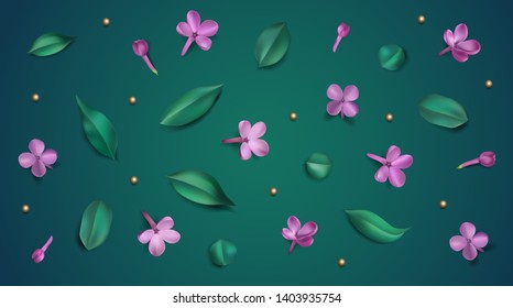Green spring background with purple flowers and leaves vector illustration