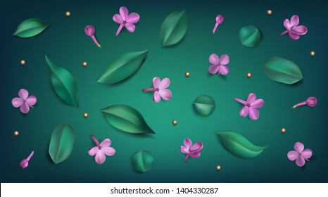 Green spring background with purple flowers and leaves vector illustration