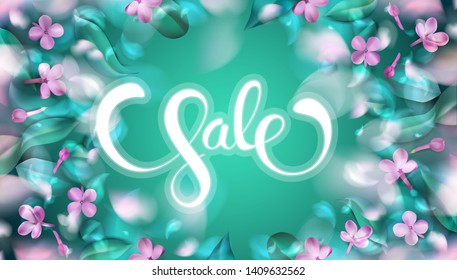 Green spring background with Sale text, purple blurred flower petals and leaves vector illustration