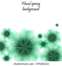 Green spring background with translucent flowers.
