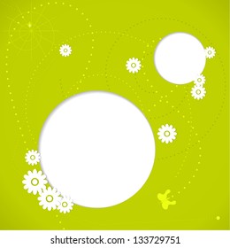 Green spring background with white flowers and butterfly