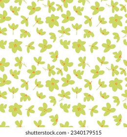 green spring blossom surface design. Floral seamless pattern vector illustration. Violet flowers repeatable motif.