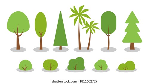 Green spring cartoon trees, bushes flat icon set. Simple different shape eco organic plant sign. Summer season forest, park, garden oak, birch, fir, palm, symbol. Isolated on white vector illustration