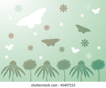 Green spring floral background with butterflies