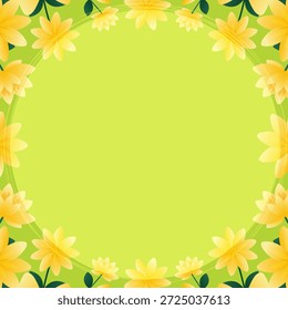 Fondo de marco floral de primavera verde con flores amarillas y espacio de copia para redes sociales y venta.